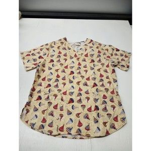 Apple Life Sailboat Pattern Scrub Top Size Medium Floral Made in USA